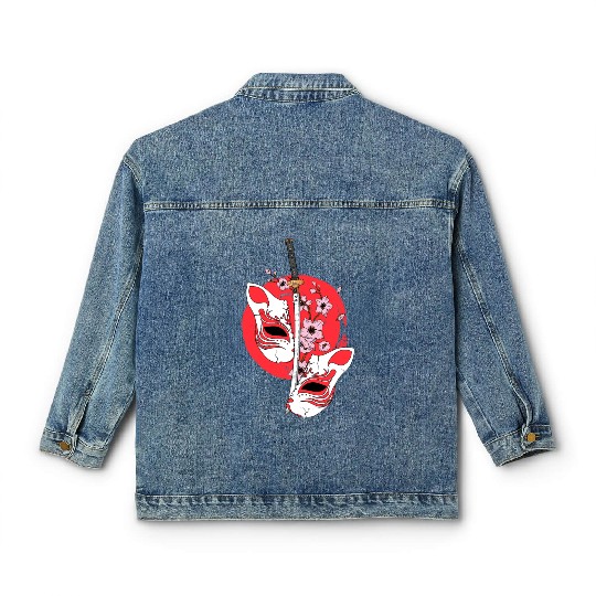 Kitsune mask Japanese sword Katana Japanese Classic Women's Denim Jackets