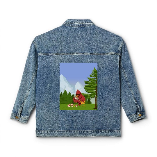 Cardinal Bird Foraging Collecting Mushrooms Classic Women's Denim Jackets