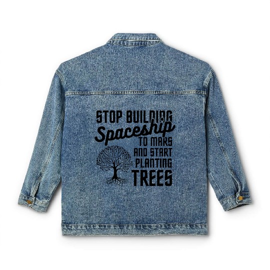 Stop Mars Spaceship Plant Trees Classic Women's Denim Jackets