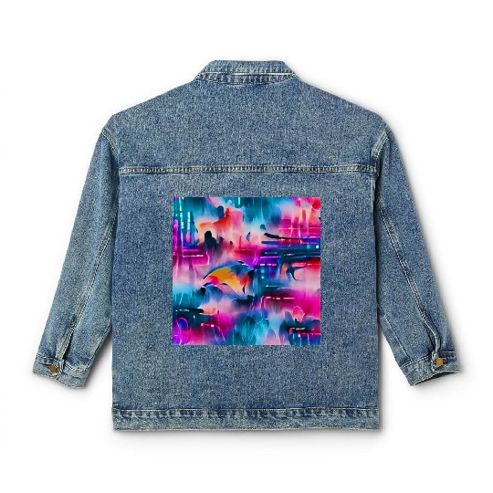 Abstract watercolor pattern in retro neon colors Classic Women's Denim Jackets