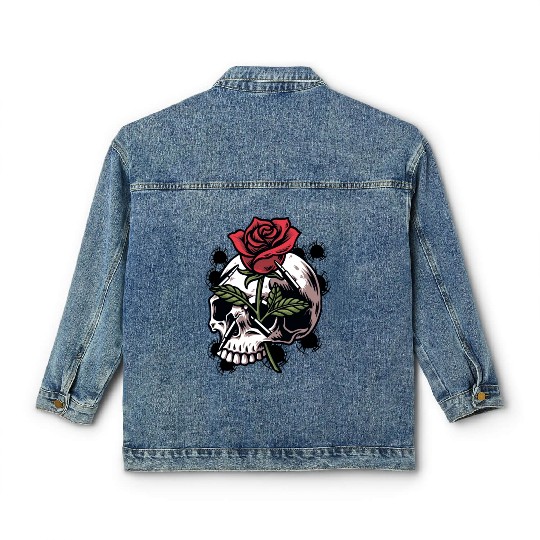 Bullets and Skull Roses Aesthetic Dripping Pattern Classic Women's Denim Jackets
