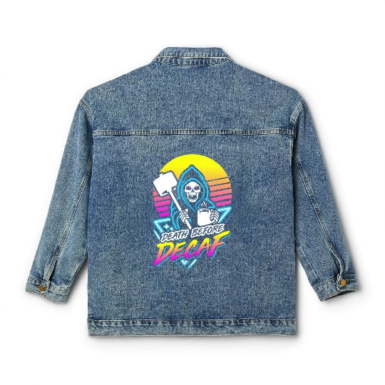 Death Before Decaf (Gym Reaper) Retro Neon Classic Women's Denim Jackets