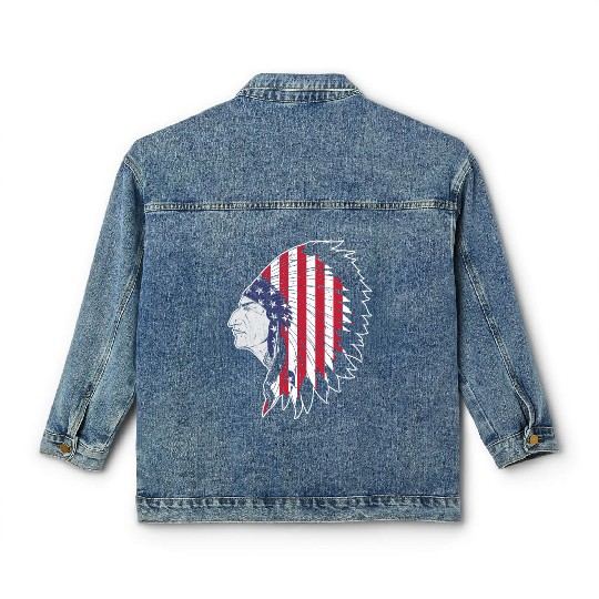 US Flag Native American Chief Traditional Indian Classic Women's Denim Jackets