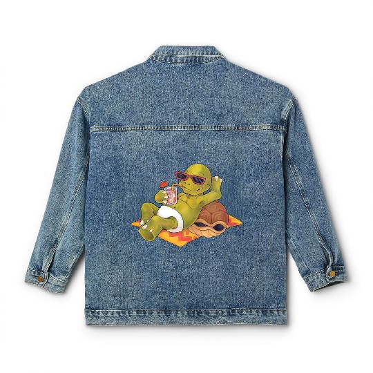 Summer turtle naked on the beach with cocktail Classic Women's Denim Jackets
