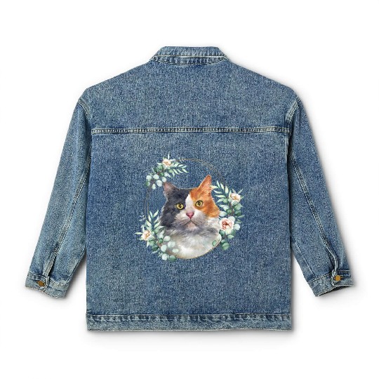 Calico Cat in a Floral Gold Wreath Frame Classic Women's Denim Jackets