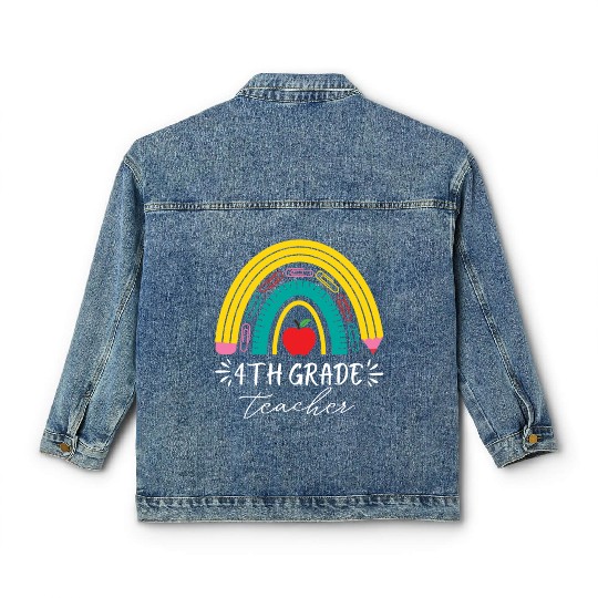 4th grade teacher back to school rainbow pencil Classic Women's Denim Jackets