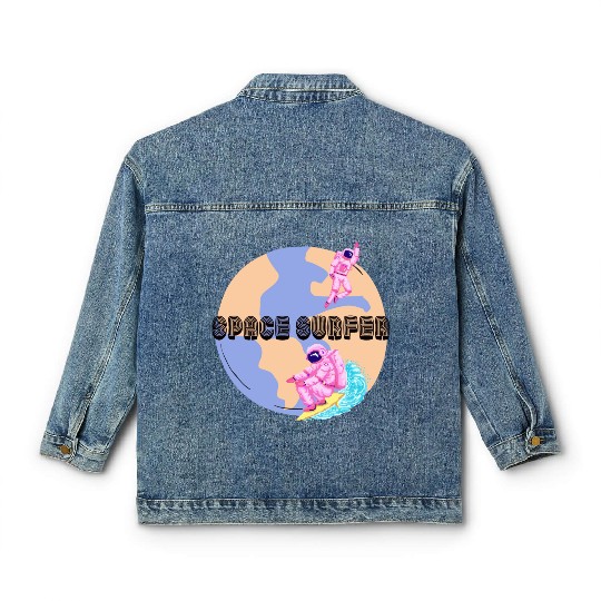 Space Surfer Two Astronauts and Planet Earth Classic Women's Denim Jackets
