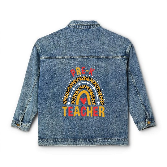 Back To School Leopard Pre-K Teacher Rainbow Classic Women's Denim Jackets