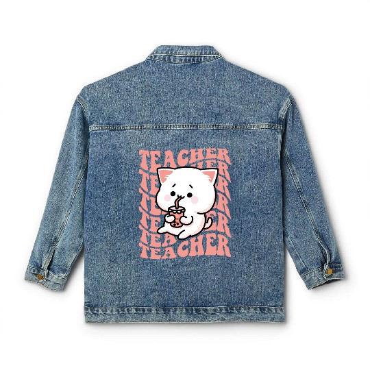 Boba Tea Teacher Cute Kawaii Cat Back To School Classic Women's Denim Jackets