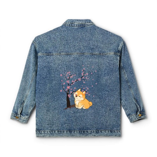 Cute Cherry Blossom Japanese Art Kawaii Shiba Inu Classic Women's Denim Jackets