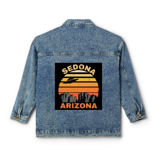 Sedona Arizonna Retro Sunset and UFO Classic Women's Denim Jackets