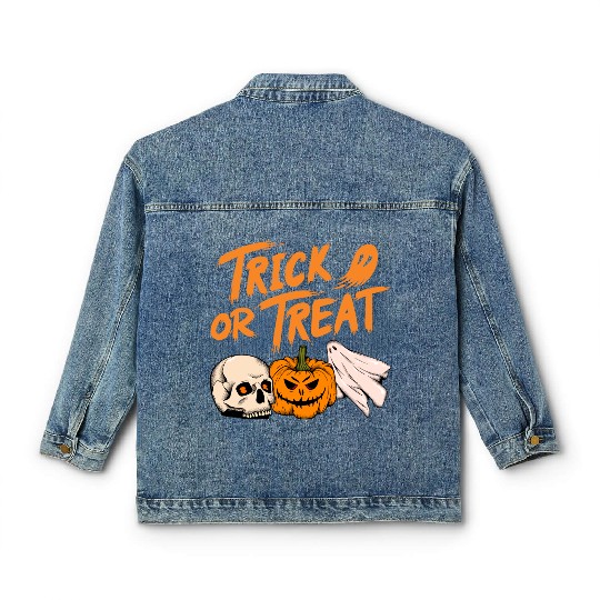 Halloween scary pumpkin head, skull and ghost Classic Women's Denim Jackets