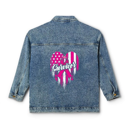 Breast Cancer Survivor Pink Ribbon American Flag Classic Women's Denim Jackets