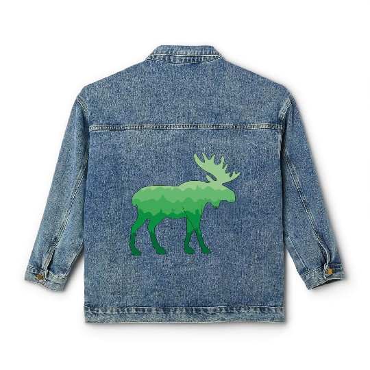 Moose and Mountain Biker (Green) Classic Women's Denim Jackets