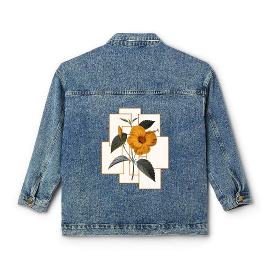 Yellow Hibiscus Flower With Golden Rectangle Classic Women's Denim Jackets