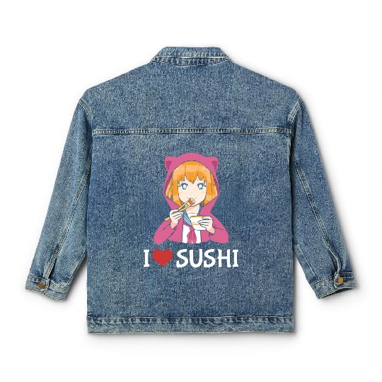 Kawaii Anime Girl I Love Sushi Classic Women's Denim Jackets