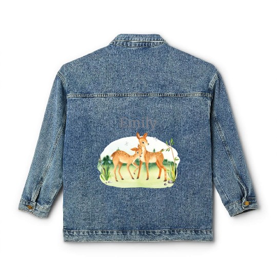 Forest Animal Deer Flowers Name Emily Classic Women's Denim Jackets