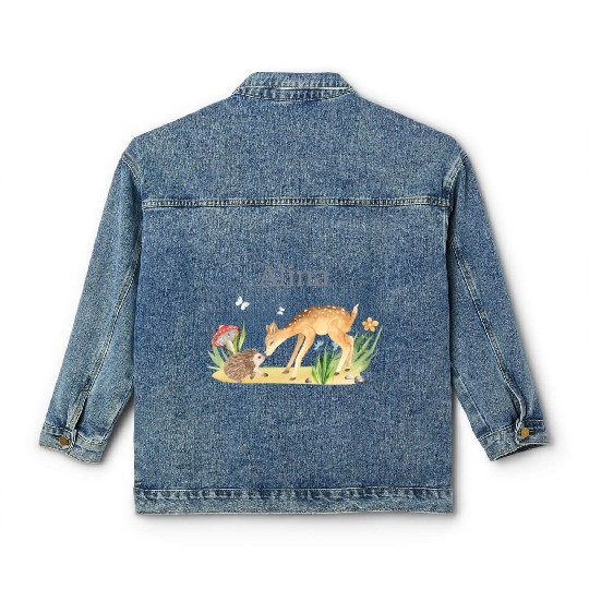 Forest Animal Deer Hedgehog Flowers Name Alina Classic Women's Denim Jackets