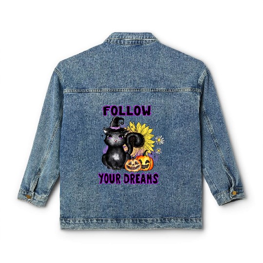 Follow Your Dreams - Black Cat Jack-O-Lantern Classic Women's Denim Jackets