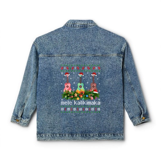 Mele Kalikimaka Ukulele Guitar Gift Ugly Ukulele Classic Women's Denim Jackets