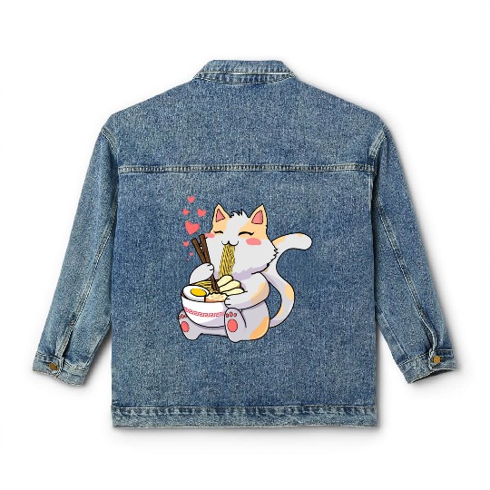 Funny Kawaii Cat Eating Ramen - Kawaii Neko Cat Classic Women's Denim Jackets