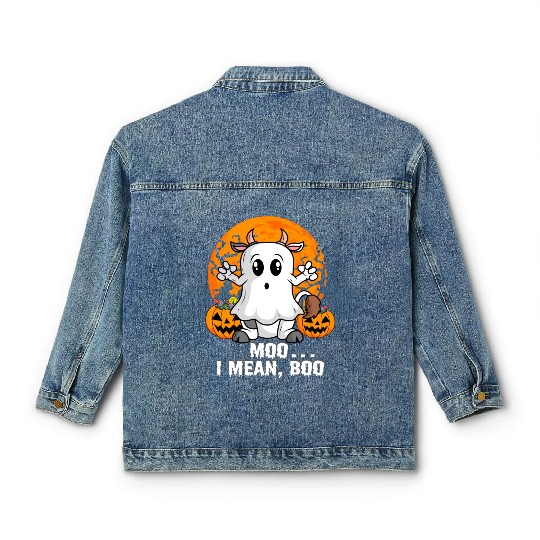 Moo I Mean Boo Cow Pumpkin Head Ghost Halloween Classic Women's Denim Jackets