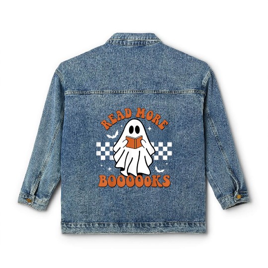 Cute Booooks Ghost Read More Books Funny Teacher Classic Women's Denim Jackets