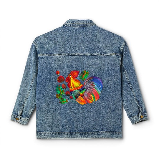 Magic cock. Petrykivka painting. Rainbow rooster Classic Women's Denim Jackets
