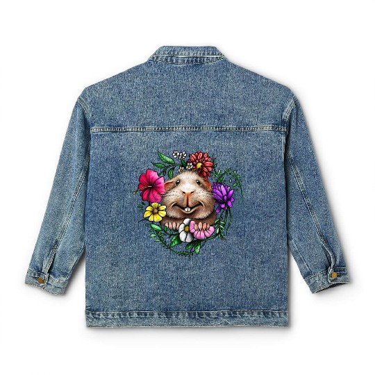 Smooth Hair Guinea Pig With Colorful Flowers Classic Women's Denim Jackets