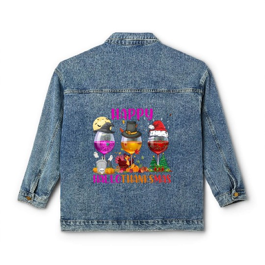 Happy Hallothanksmas Wine Lover Halloween Thankful Classic Women's Denim Jackets