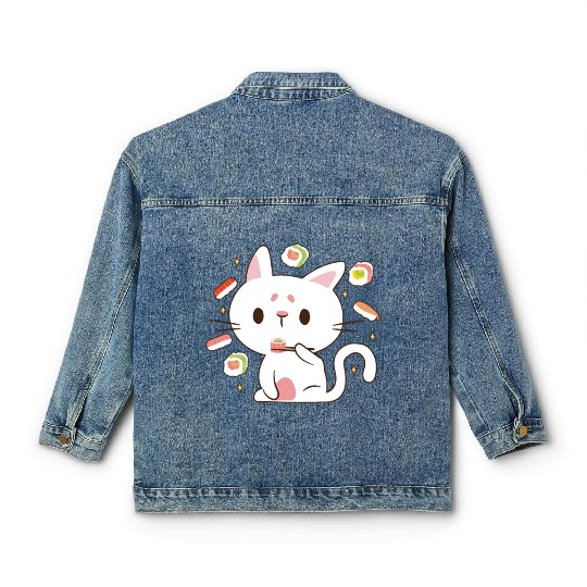 Kawaii Cat Eating Sushi Japanese Raw Food Classic Women's Denim Jackets