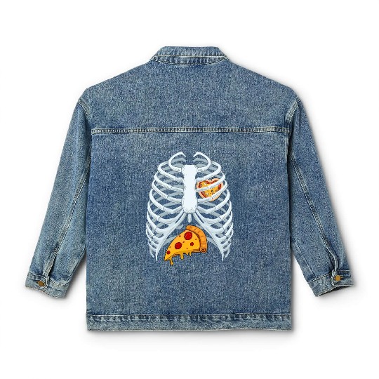 Funny PIzza Skeleton Rib Cage Halloween Costume Classic Women's Denim Jackets