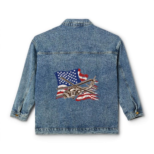 Helicopter with american flag background - chopper Classic Women's Denim Jackets