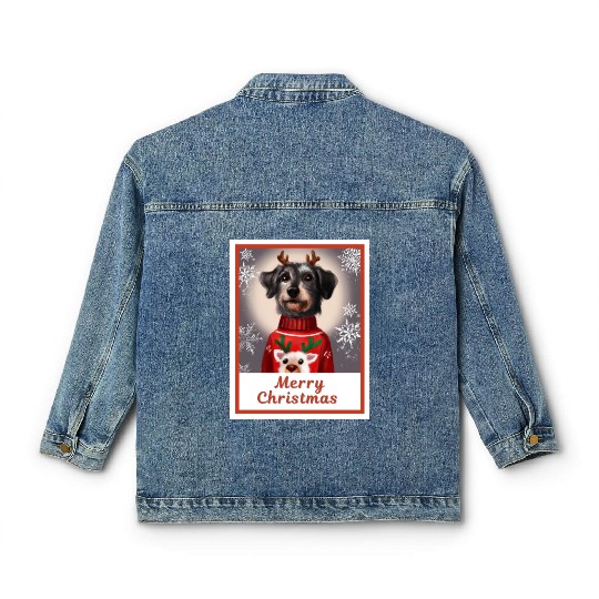 Miniature Black Schnauzer in a Christmas sweater. Classic Women's Denim Jackets