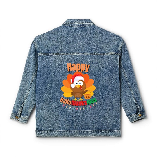 Happy Hallothanksmas Trick or Treat Santa Turkey Classic Women's Denim Jackets
