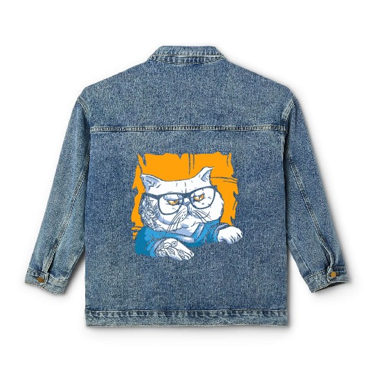 Stylish Nerd Persian Cat Beanie Glasses Tattoo Classic Women's Denim Jackets
