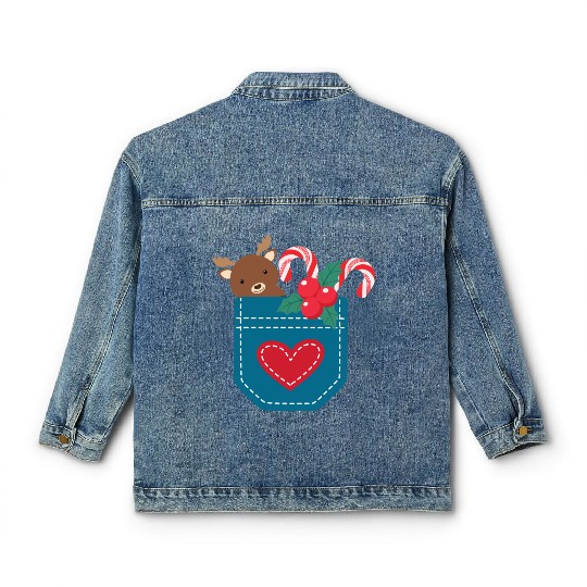 Christmas moose peppermint pocket Classic Women's Denim Jackets