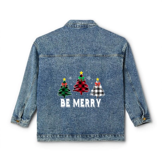 Be Merry Christmas Tree Buffalo Plaid Family Match Classic Women's Denim Jackets