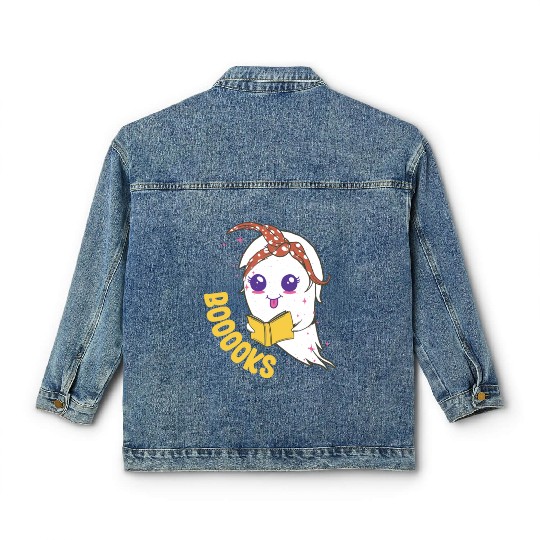 Cute Ghost Book Reading for teacher booooks Classic Women's Denim Jackets