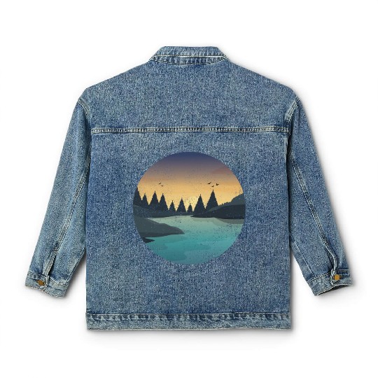 Retro River With Forest And Birds In The Sunset Classic Women's Denim Jackets