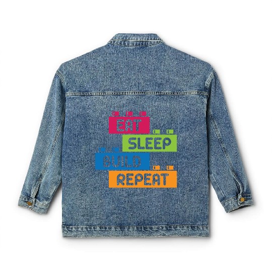 Funny Quote Retro Eat Sleep Build Toy Brick Classic Women's Denim Jackets
