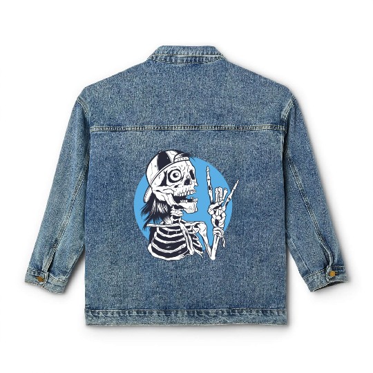 Skeleton rock and roll cartoon Classic Women's Denim Jackets