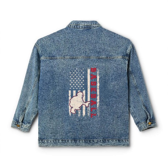 Baseball Catcher USA Flag Patriotic American Flag Classic Women's Denim Jackets