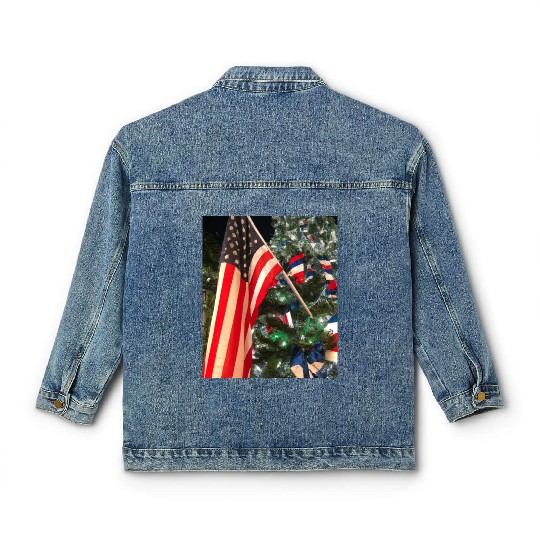 Patriotic Christmas US Flag In Christmas Tree Classic Women's Denim Jackets