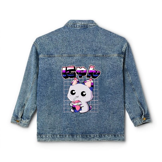 Genderfluid Pride Kawaii Cat Strawberry Milk Classic Women's Denim Jackets