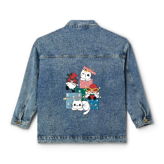 cute gnome and kitty cats on present gift box Classic Women's Denim Jackets