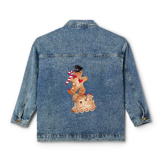 Gingerbread man as engine driver on the locomotive Classic Women's Denim Jackets