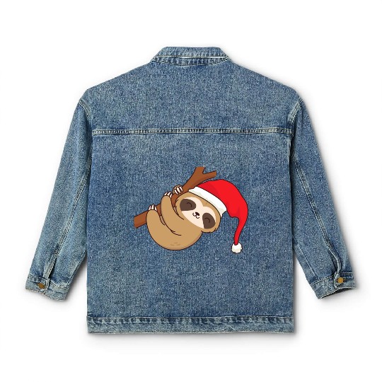 Sloth with Christmas hat hangs chilling on branch Classic Women's Denim Jackets
