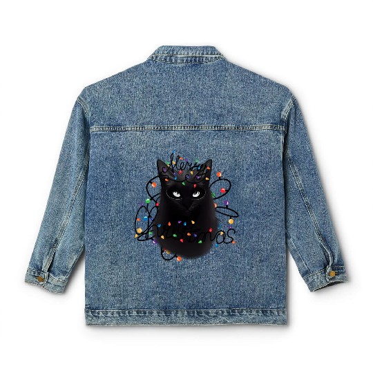 Black Cat christmas light Classic Women's Denim Jackets