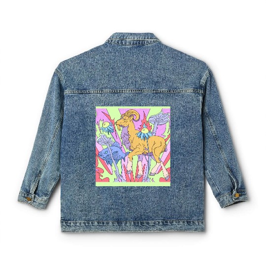 A goat and a fish in a fantasy garden Classic Women's Denim Jackets